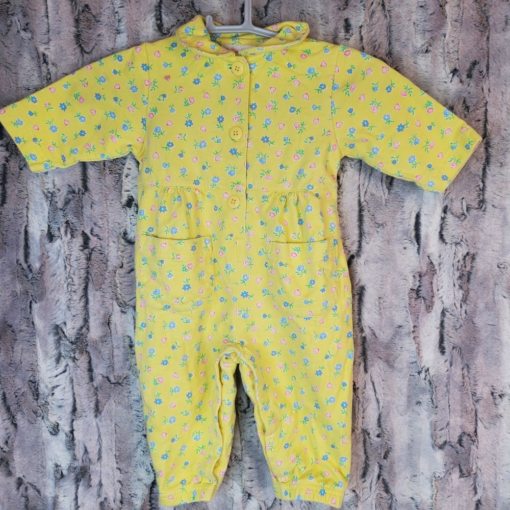 Vtg Jillian's Closet 12 M Toddler 1 Piece Yellow Romper - Tiny Blue Pink Flowers